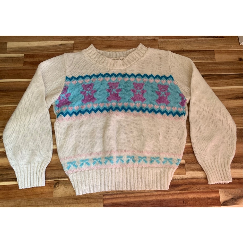Vintage JCPenney Kids Teddy Bear Sweater 6/6X 80s Pastel Coquette Soft Girl